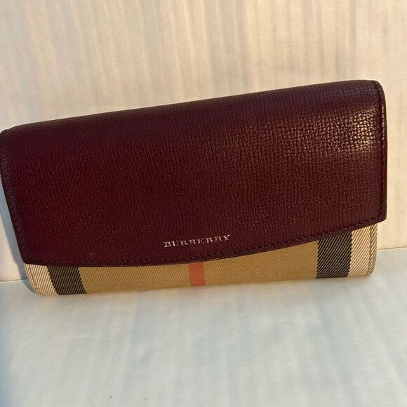 Burberry Porter Continental Burgundy Leather and Canvas Wallet - Picture 1 of 14